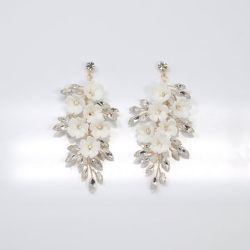 Swarovski Crystal Porcelain White Floral Dreams Vine Leaves Earring Long Bridal Jewelry Opal Bridal Earrings Opal Statement Earrings